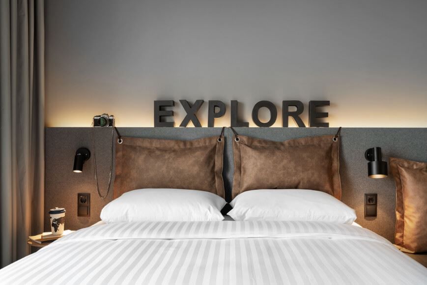 Bedroom at Moxy hotel.
