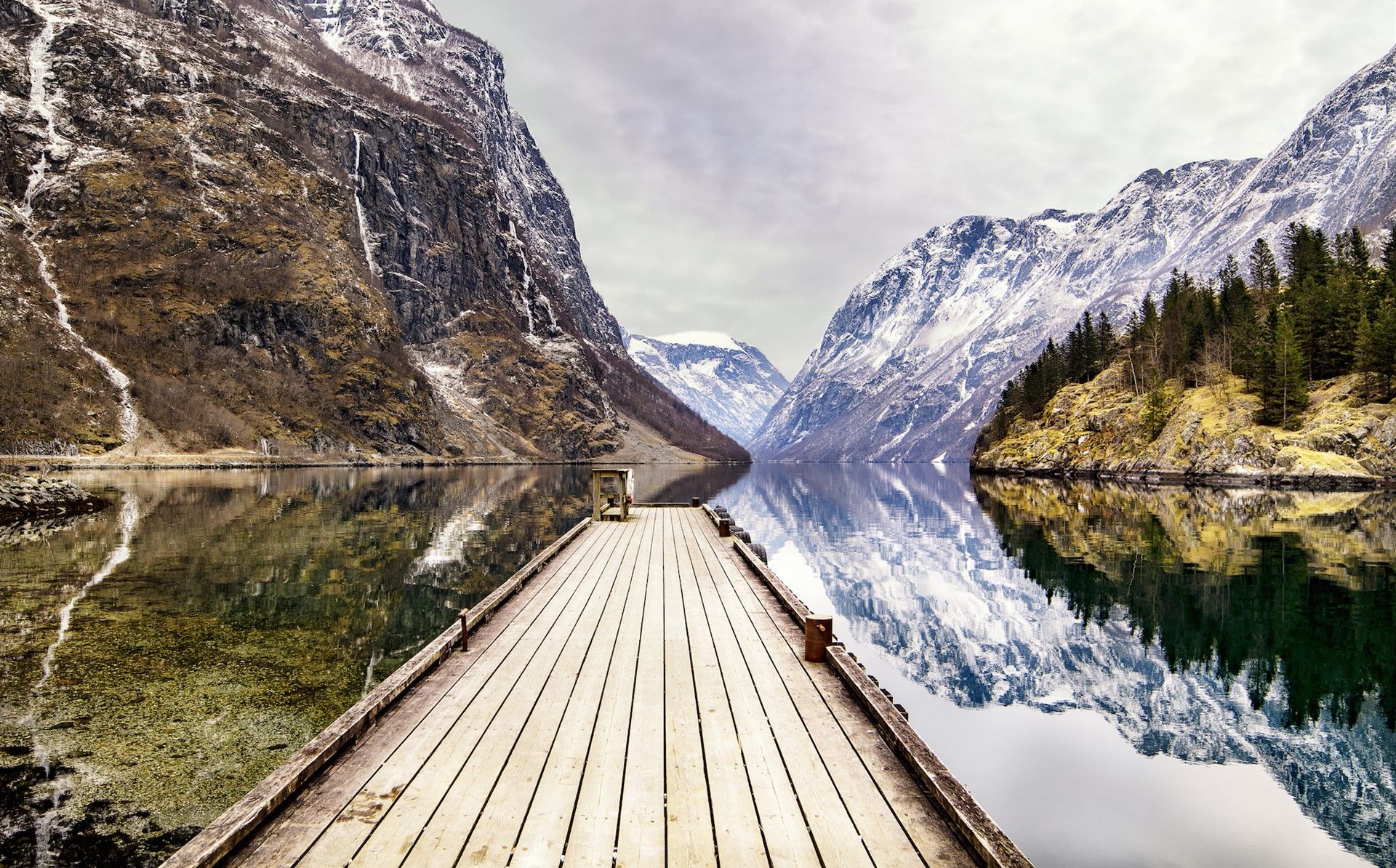 Snowy mountain peaks in the fjords