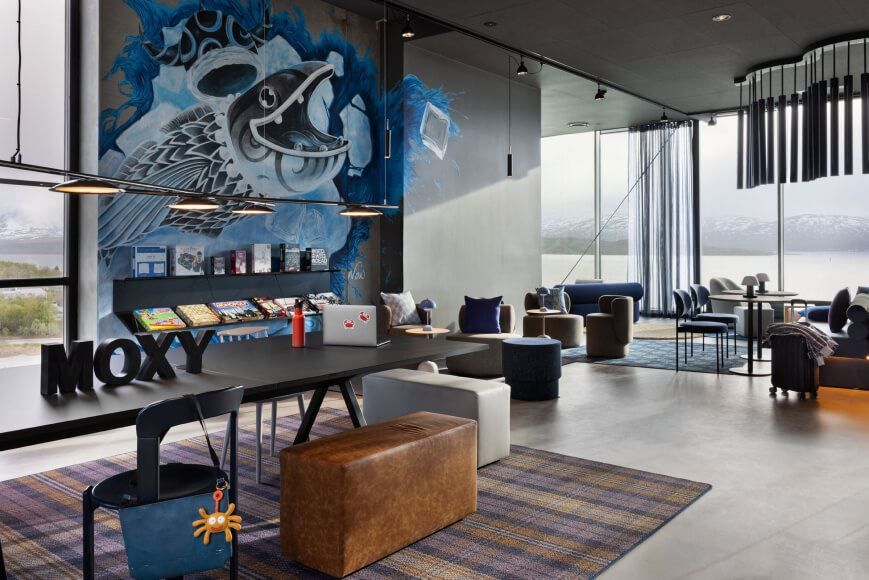 Lounge and wall painting at Moxy hotel.