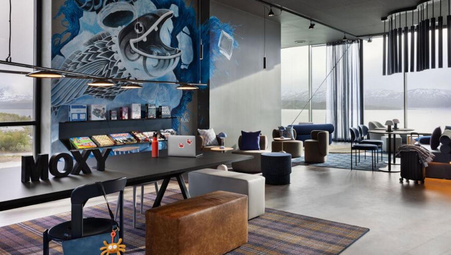 Lounge and wall painting at Moxy hotel.