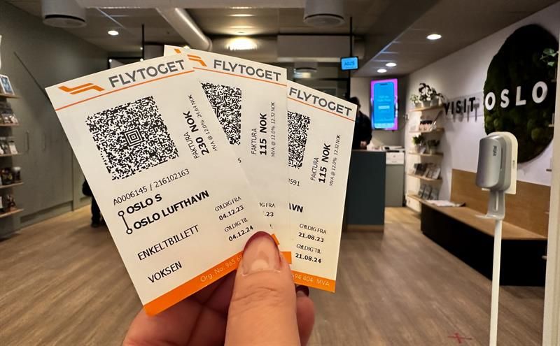 Detalj av hånd som holder tre billetter for flytoget