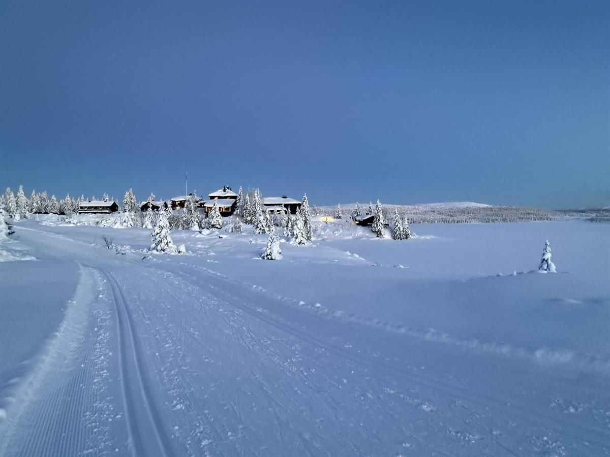 Rustad Hotell & Fjellstue sett fra skiløypa, tidlig kveld