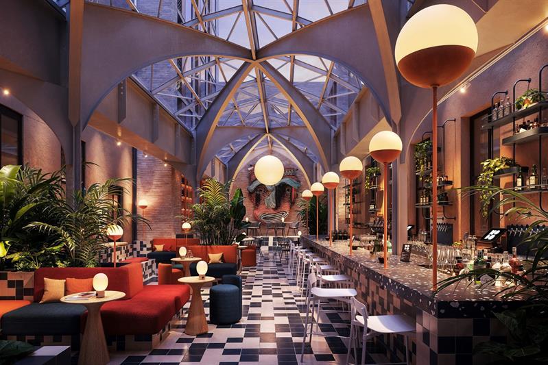 Renderbilde av bar med lounge