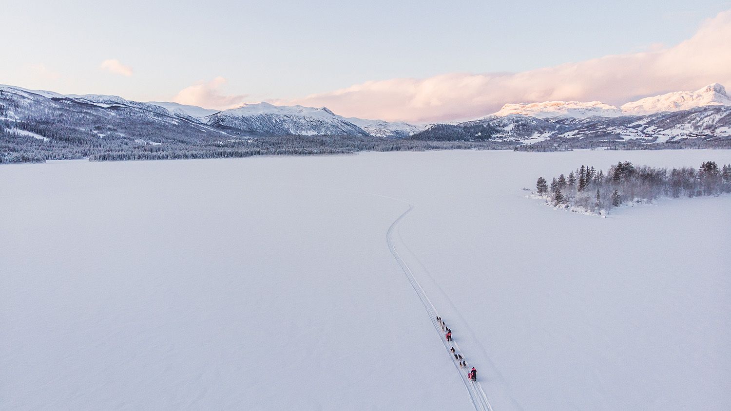 Hundekjøring sett fra lufta. Flotte omgivelser med fjell i horisonten. Nydelig vinterlys.