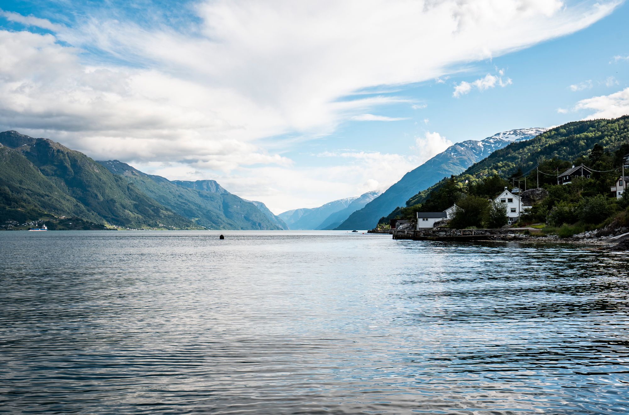 A charming fjord landscape with picturesque houses along the Hardangerfjord.