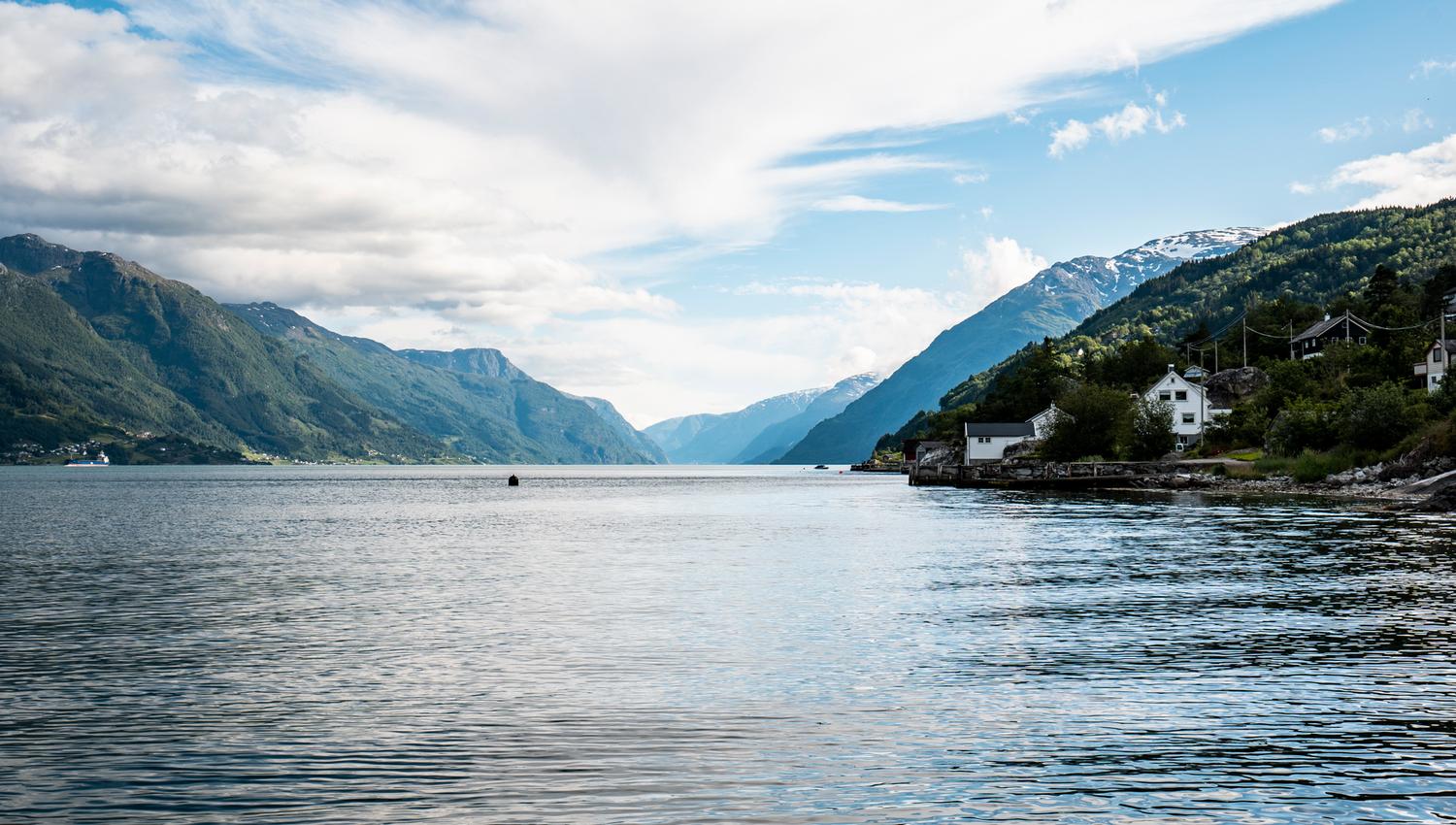 A charming fjord landscape with picturesque houses along the Hardangerfjord.