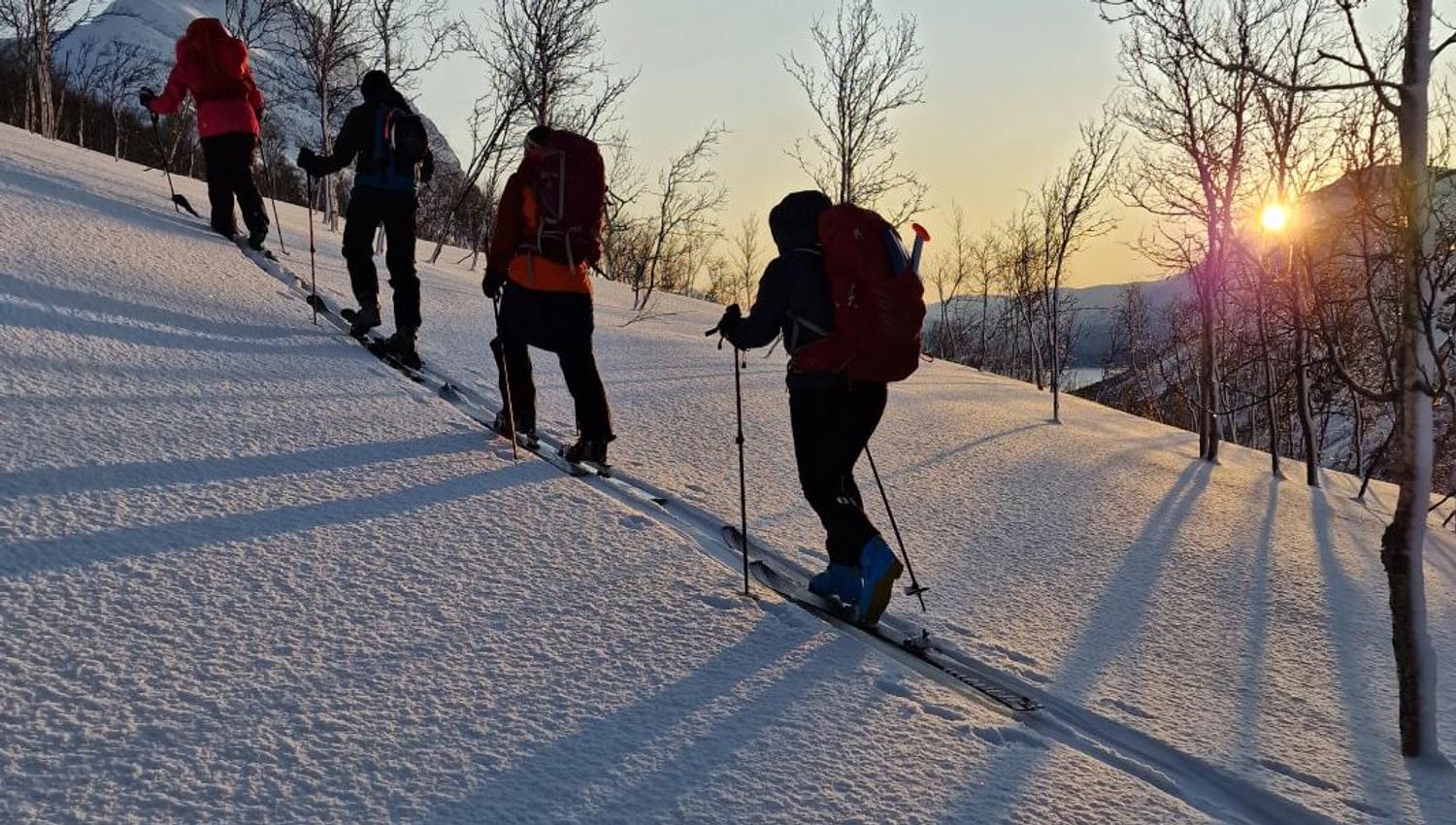 Guests walk up a short hill on skis