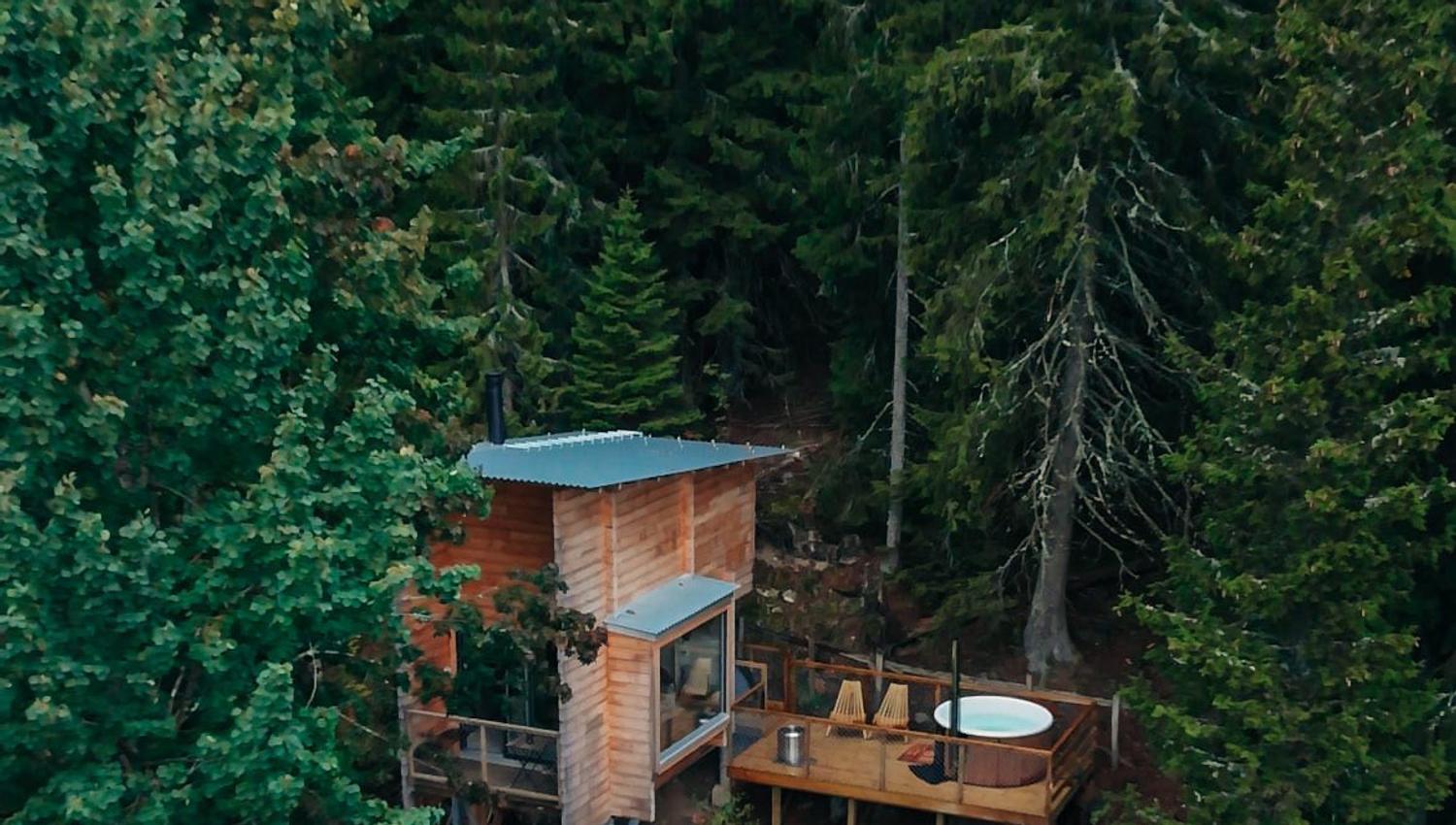Jacuzzi with a view of the forest and meadow next to a treehouse in the trees