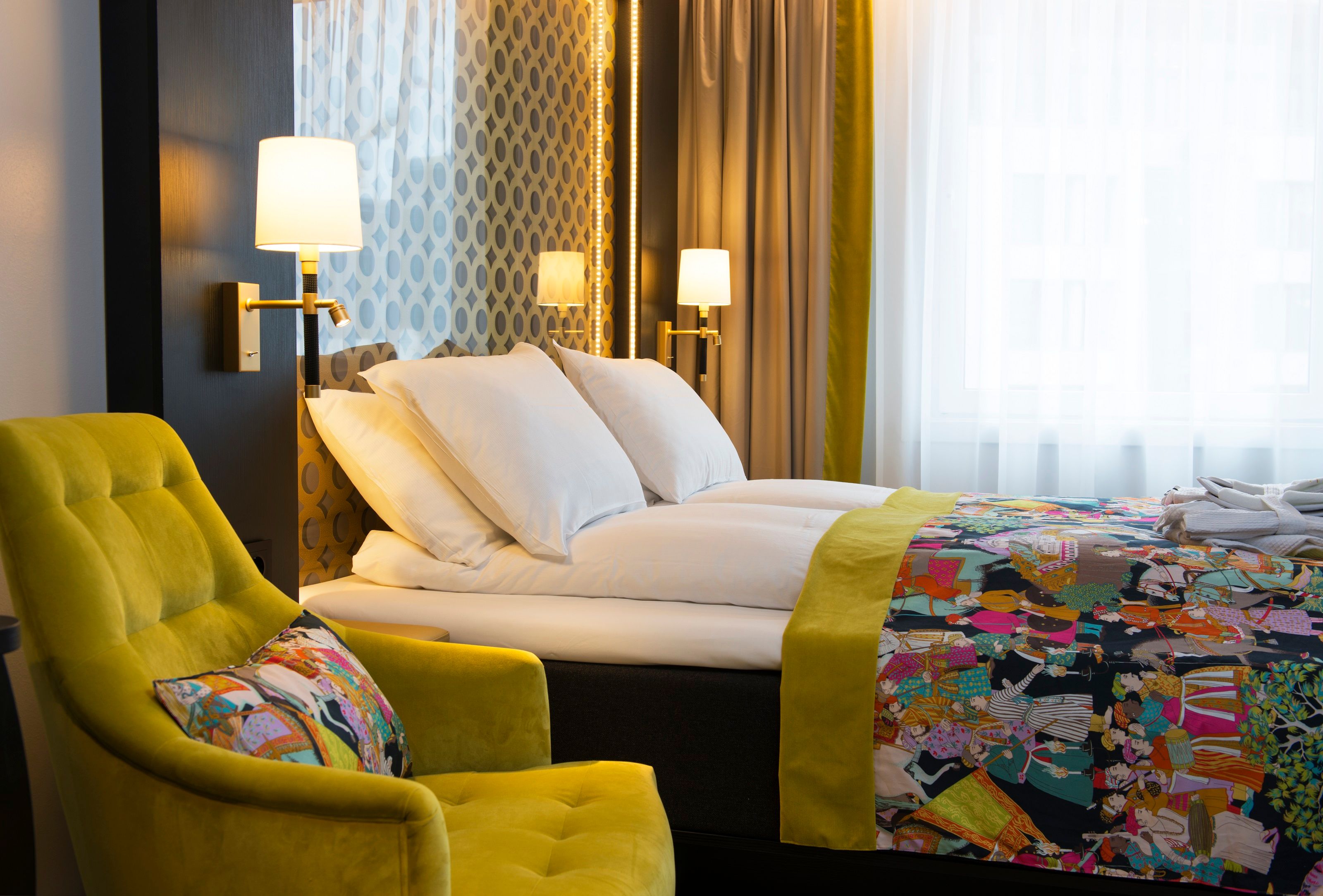 colourful double room with large windows