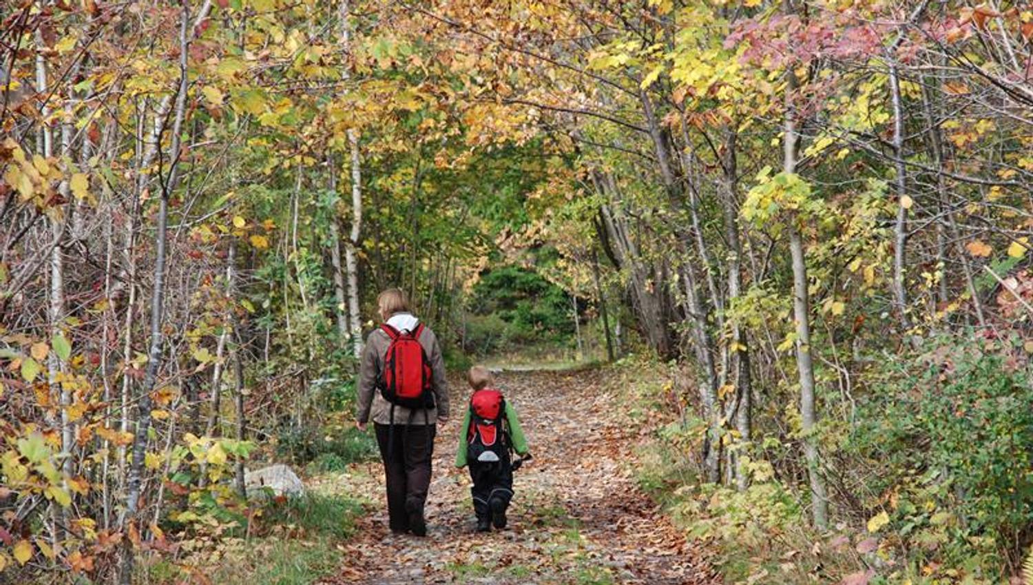 Mother and son strolling along one of the many paths between Alve and Hove on Tromøy, Arendal, in Southern Norway. Arendal tourist office.