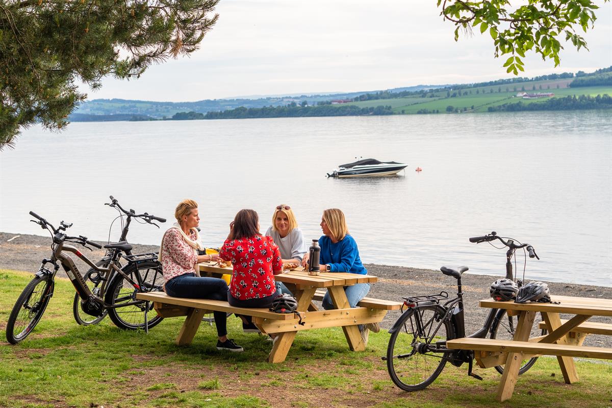 Fire personer sitter ved et piknikbord ved vannet, med sykler parkert i nærheten.