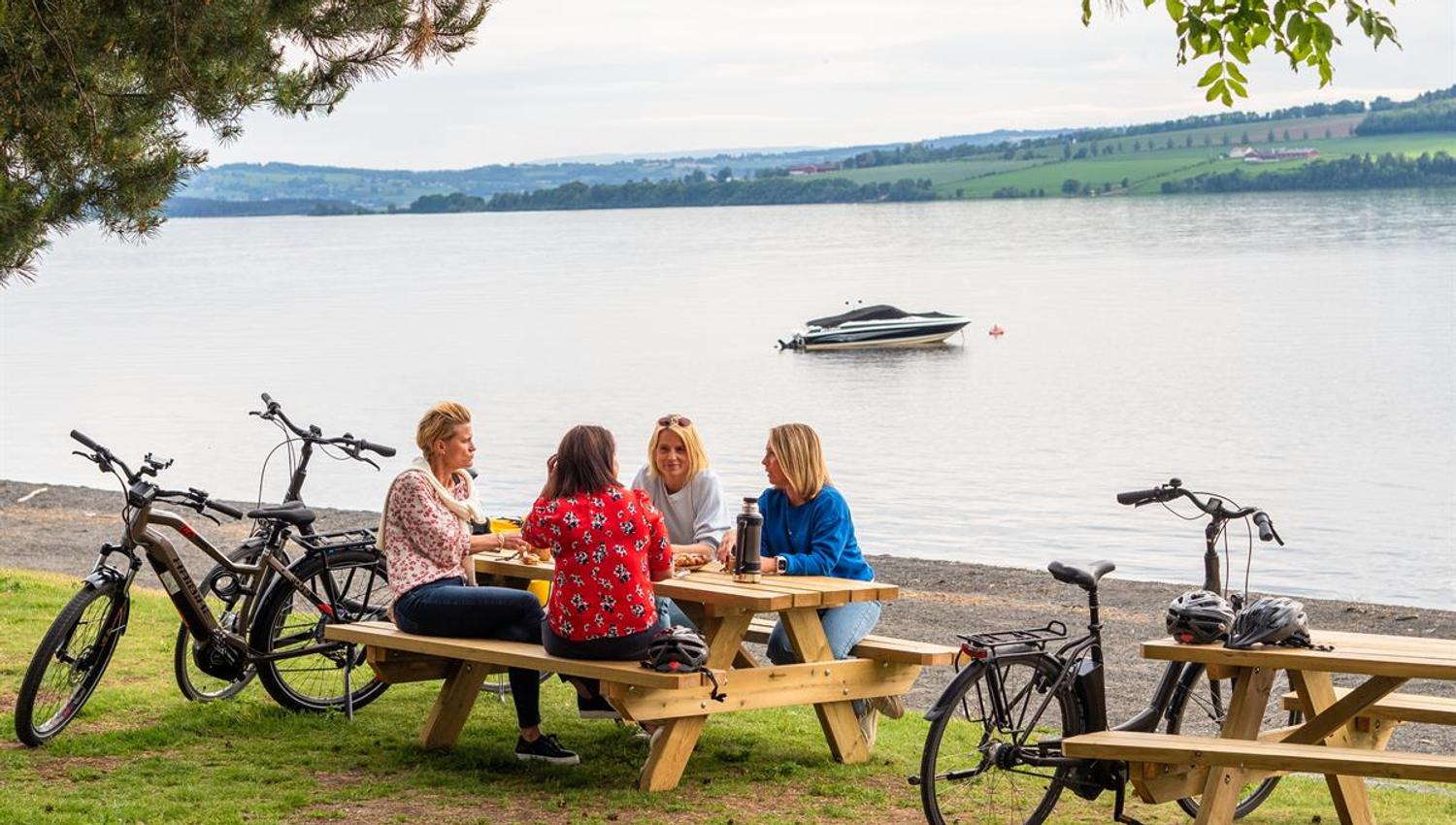 Fire personer sitter ved et piknikbord ved vannet, med sykler parkert i nærheten.