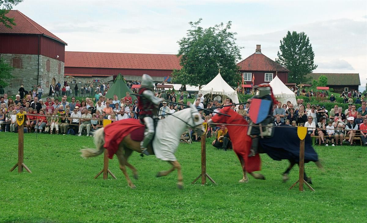 Outdoor area at Domkirkeodden, with children playing on the grassy lawn surrounded by traditional buildings. A lively and colourful atmosphere.