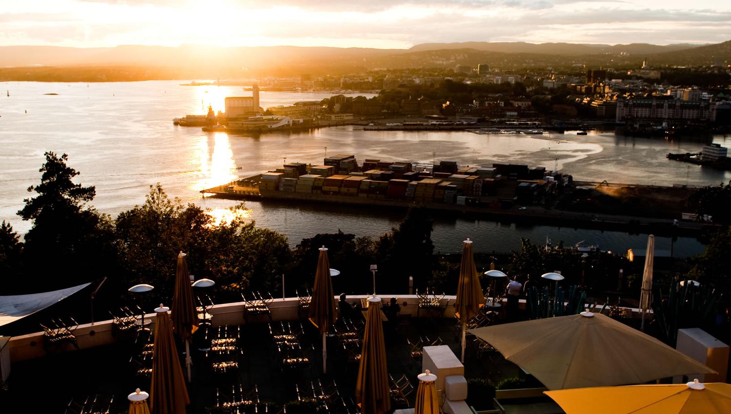 View of the city seen from the Ekeberg restaurant, at sunset.