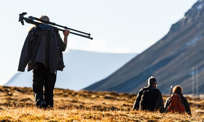 Three people hiking and carrying photoequipment 
