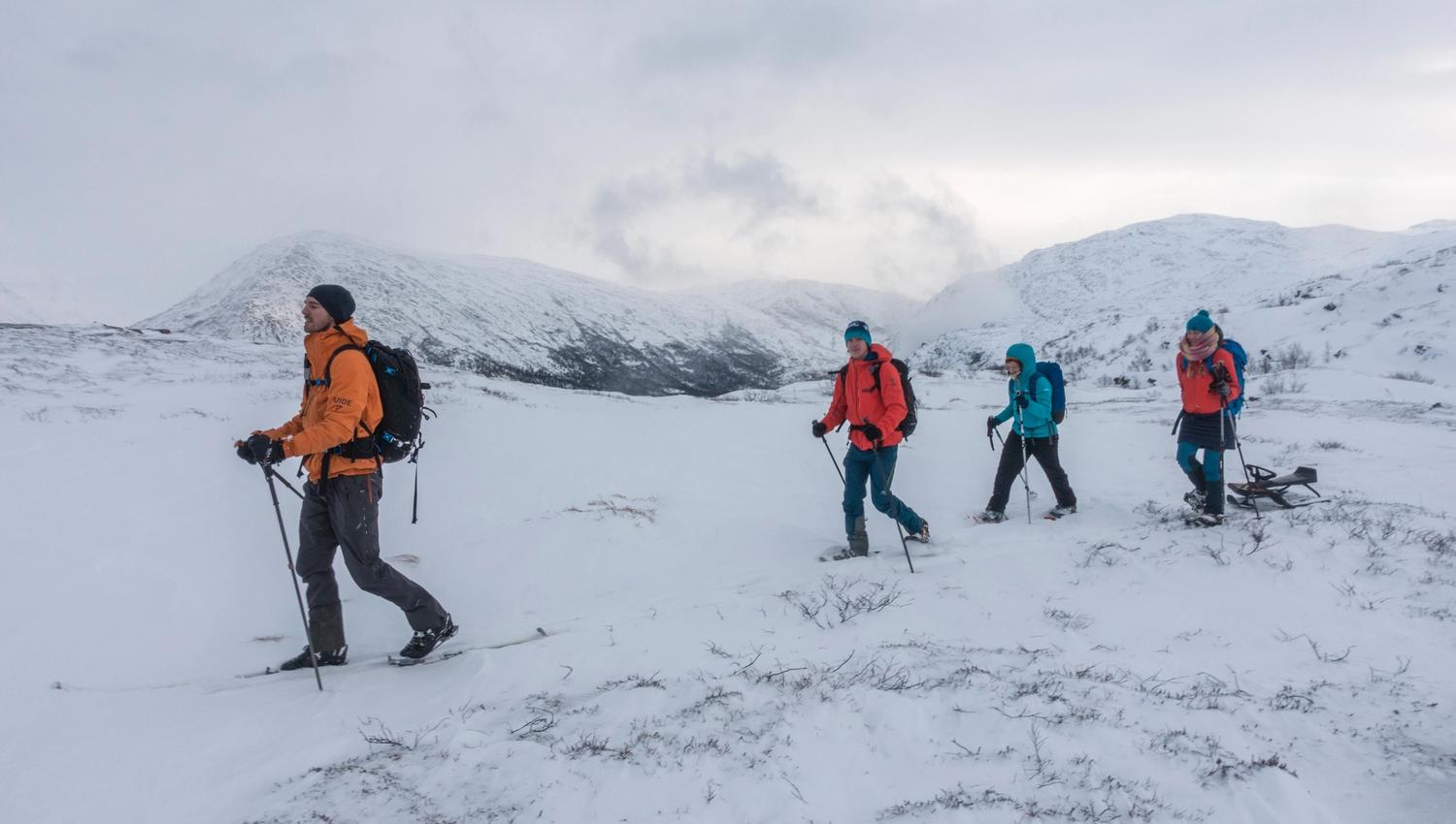 Group snowshoeing through varied winter terrain in Hardanger.