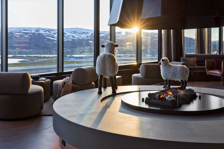 Fireplace and view in the lounge at Moxy hotel.