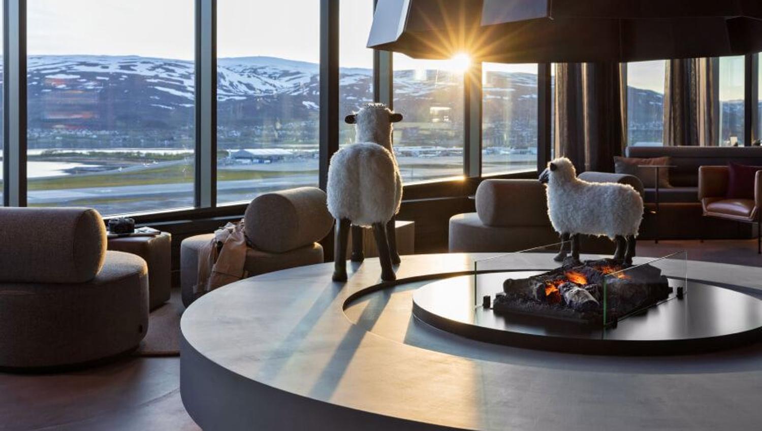 Fireplace and view in the lounge at Moxy hotel.