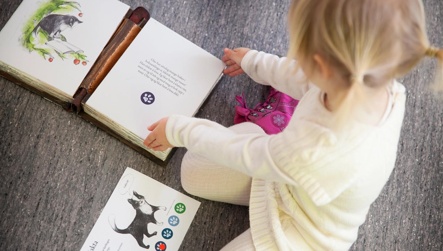 Ei ung jente les i ei illustrert bok på Haugesenteret, oppslukt av dei fantasifulle teikningane.