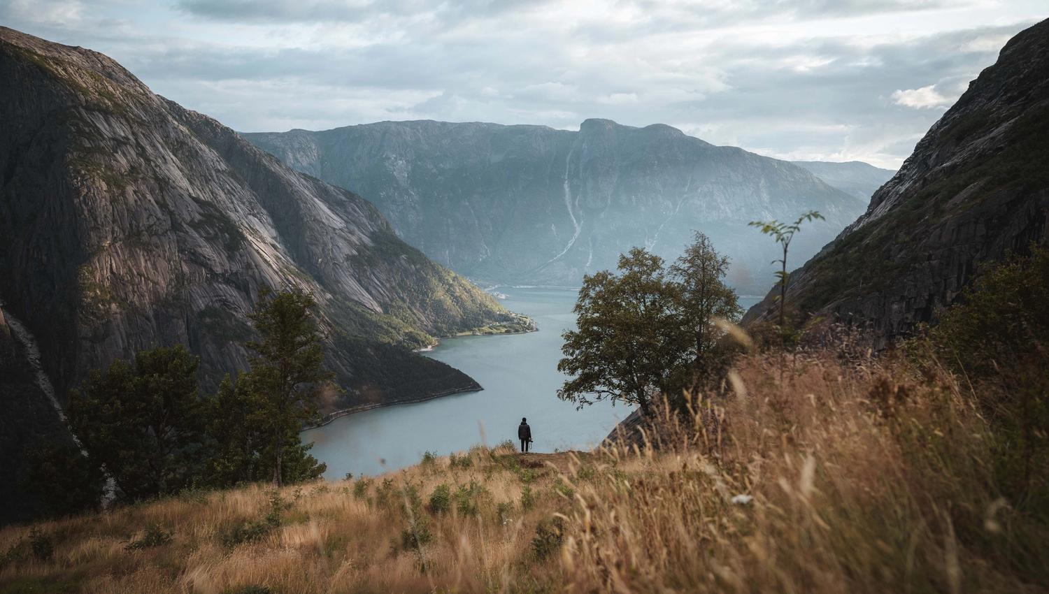 Et bilde fra Kjeåsen som viser en person som står i det fjerne og stirrer på fjorden nedenfor.