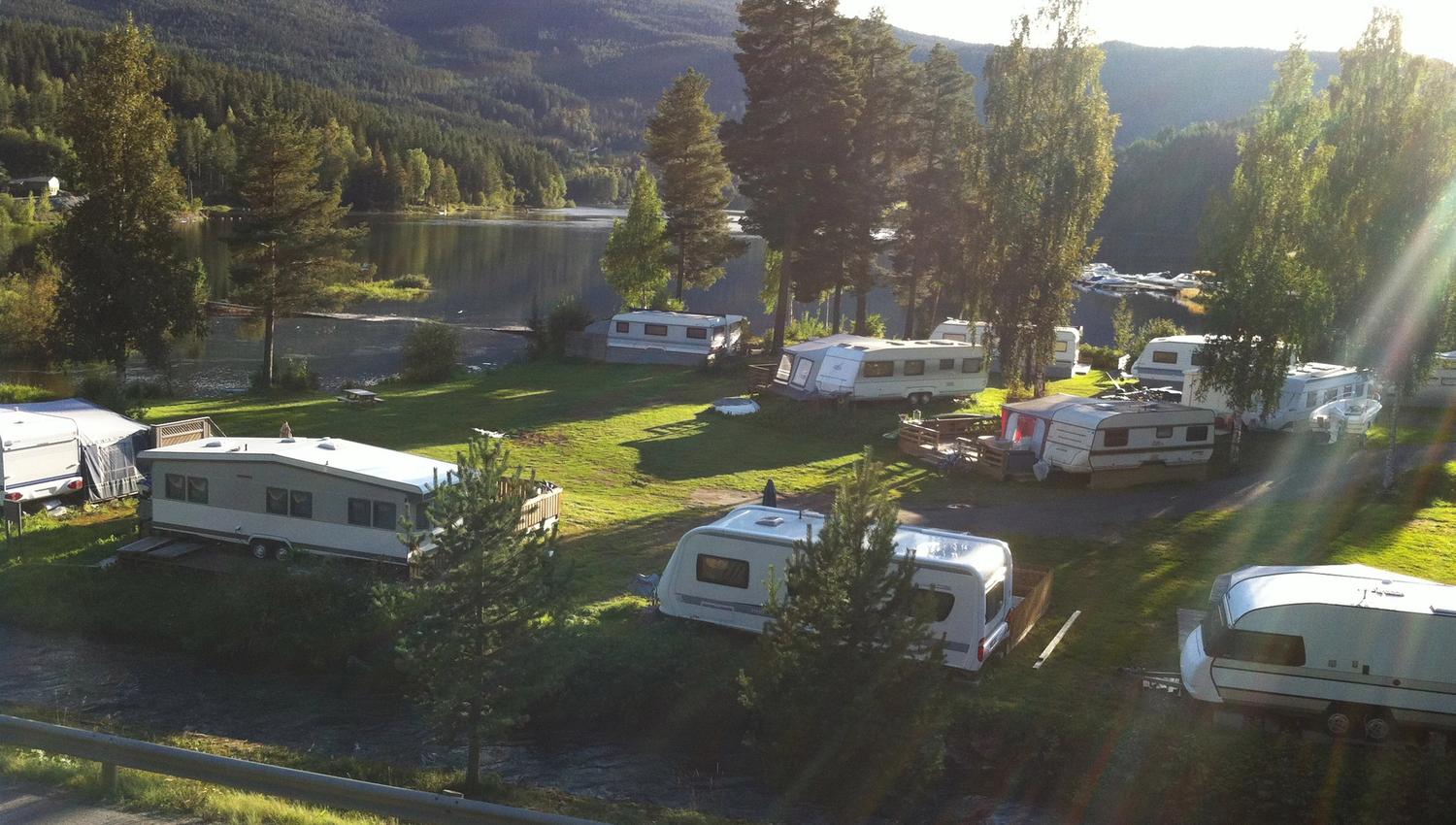 A campground by a lake during summer with caravans on a green lawn.