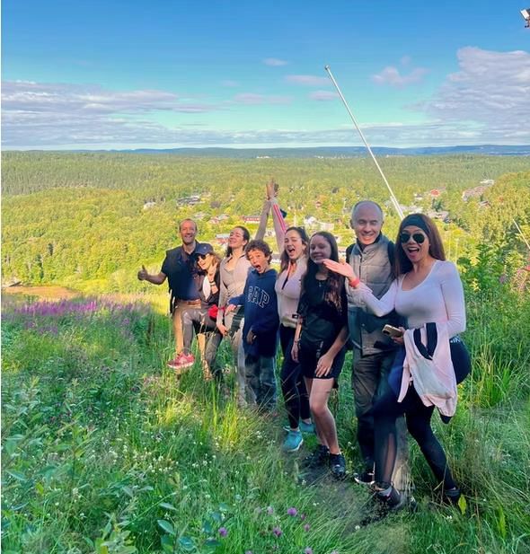 happy hikers, view of forest