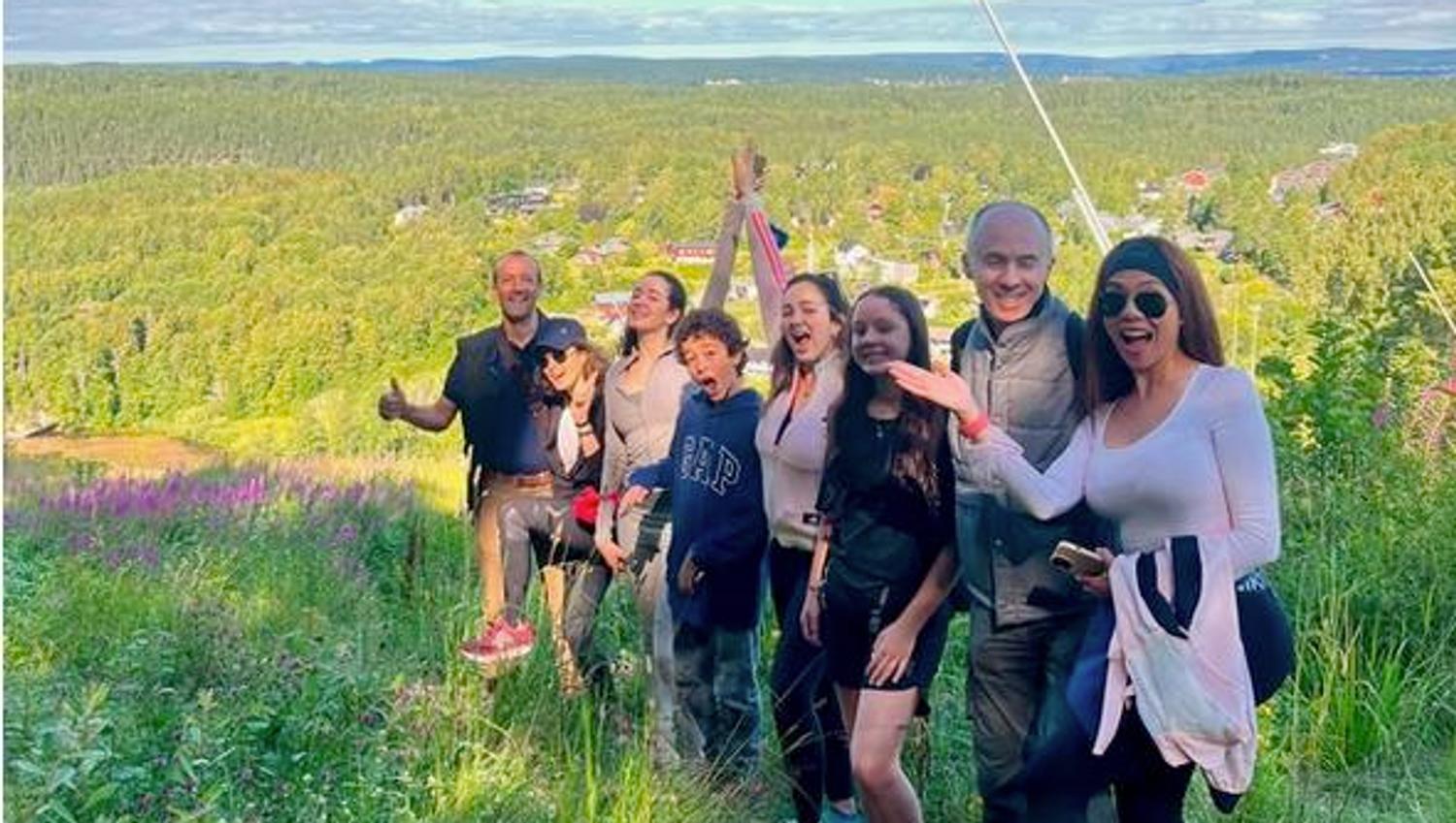 happy hikers, view of forest