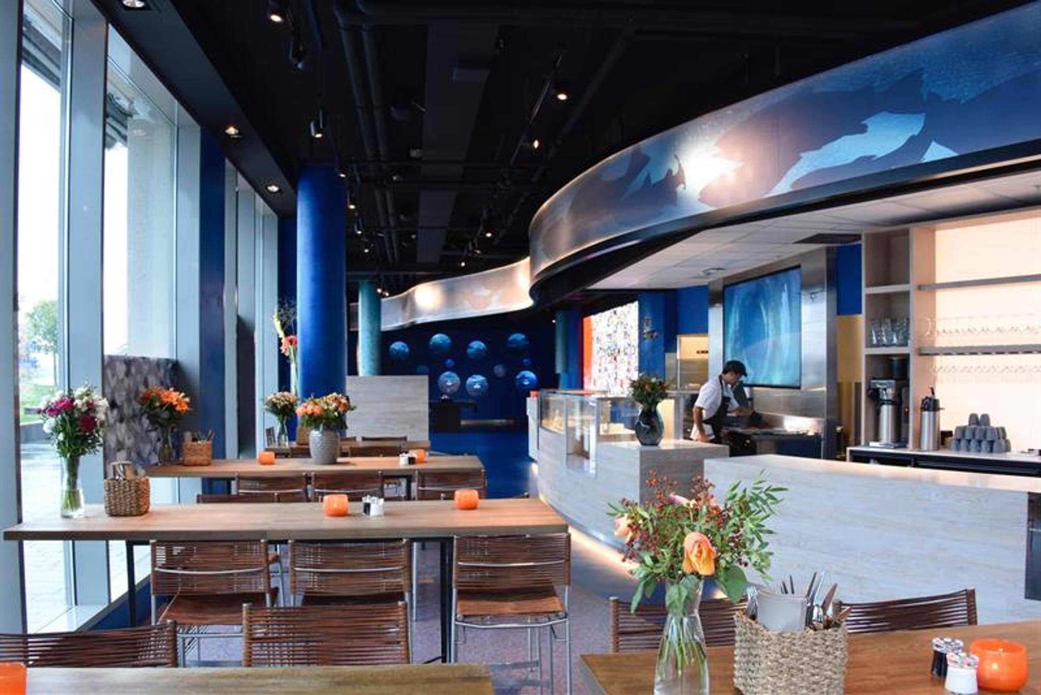 food bar and seating in a modern venue