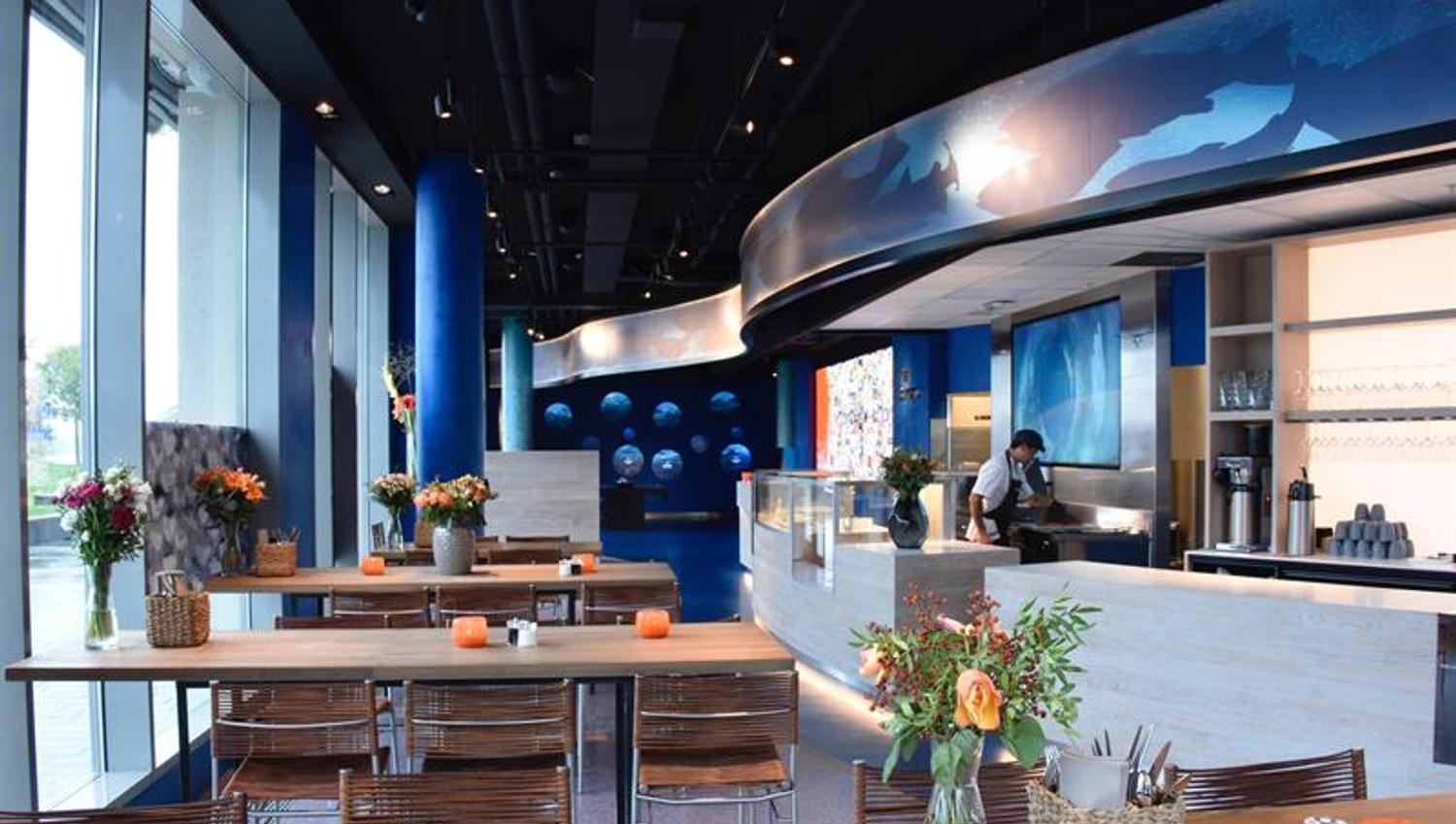 food bar and seating in a modern venue