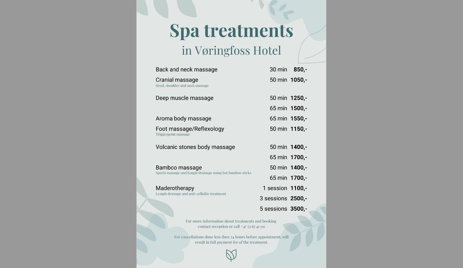 En spa-meny på engelsk.