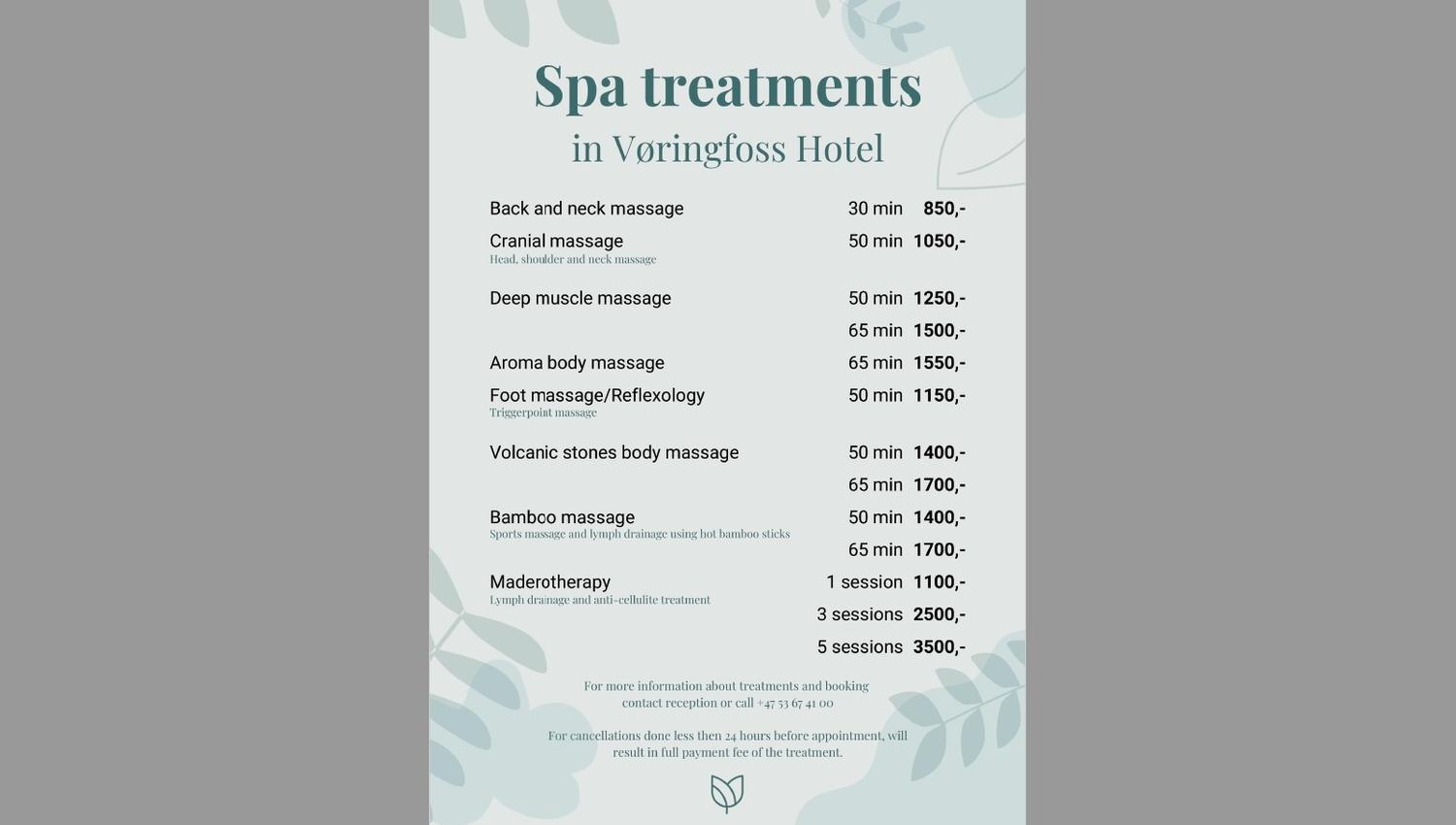 En spa-meny på engelsk.