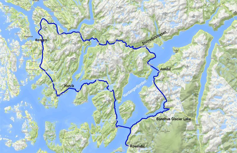 Travel route for Guided hike to Bondhusvatnet