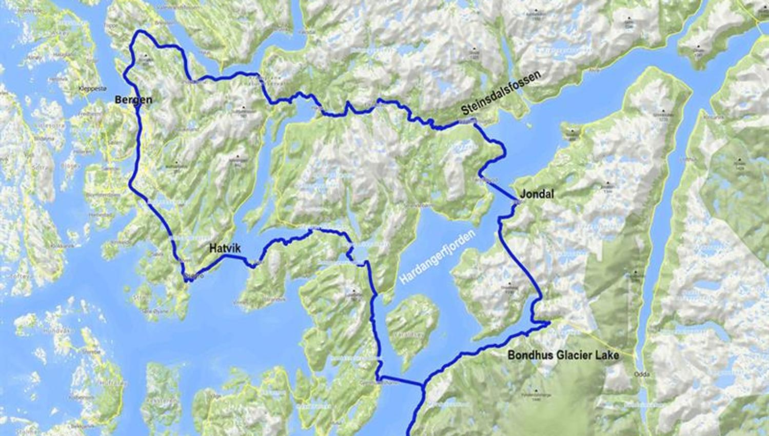 Travel route for Guided hike to Bondhusvatnet