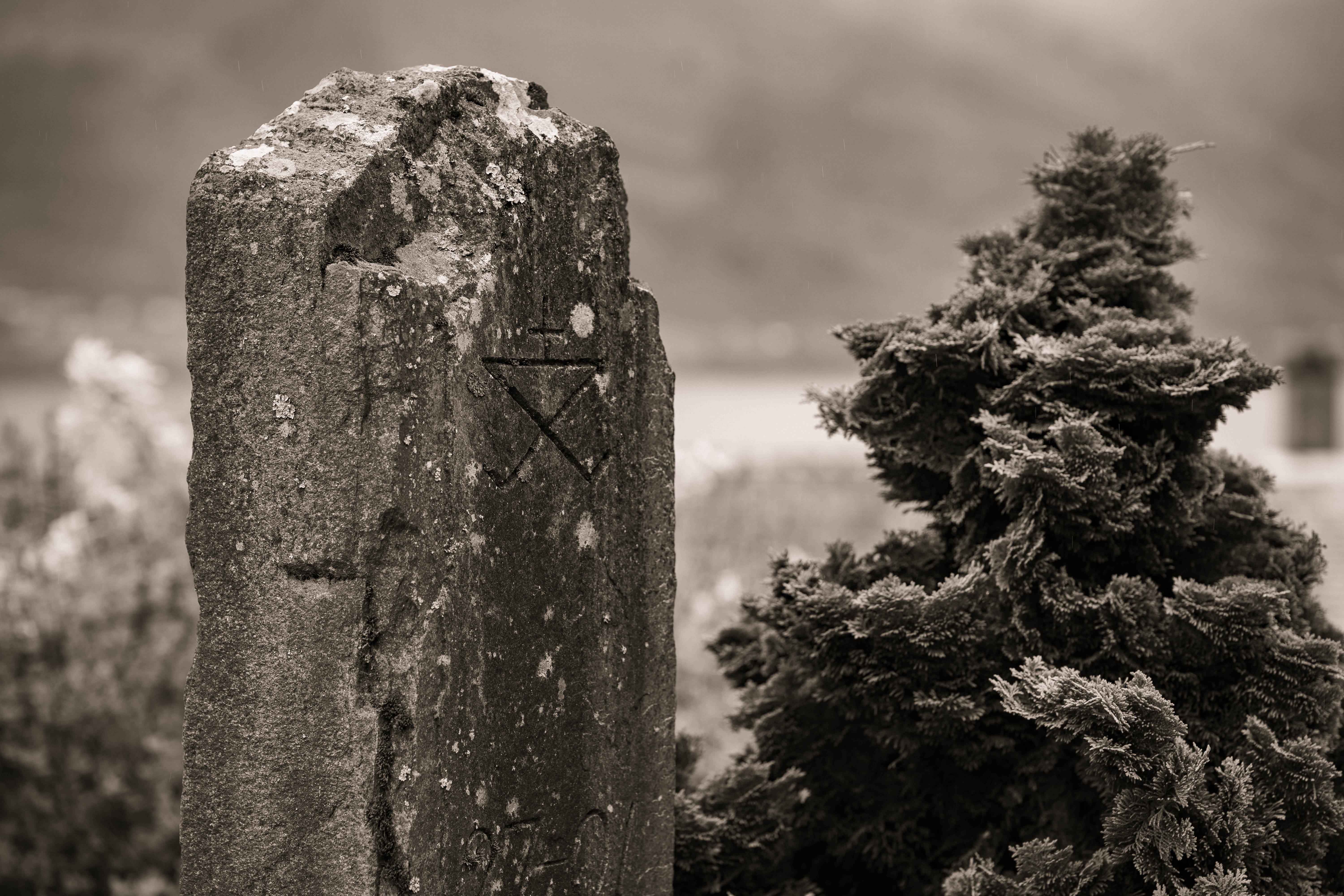 Alde-logoen innhogd i gamal stein ved eplehagane i Hardanger.