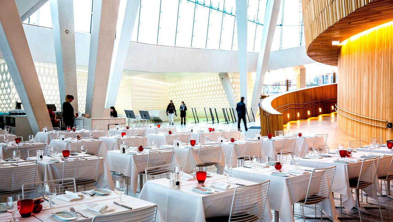 the tables in the centre of the foyer of the opera house