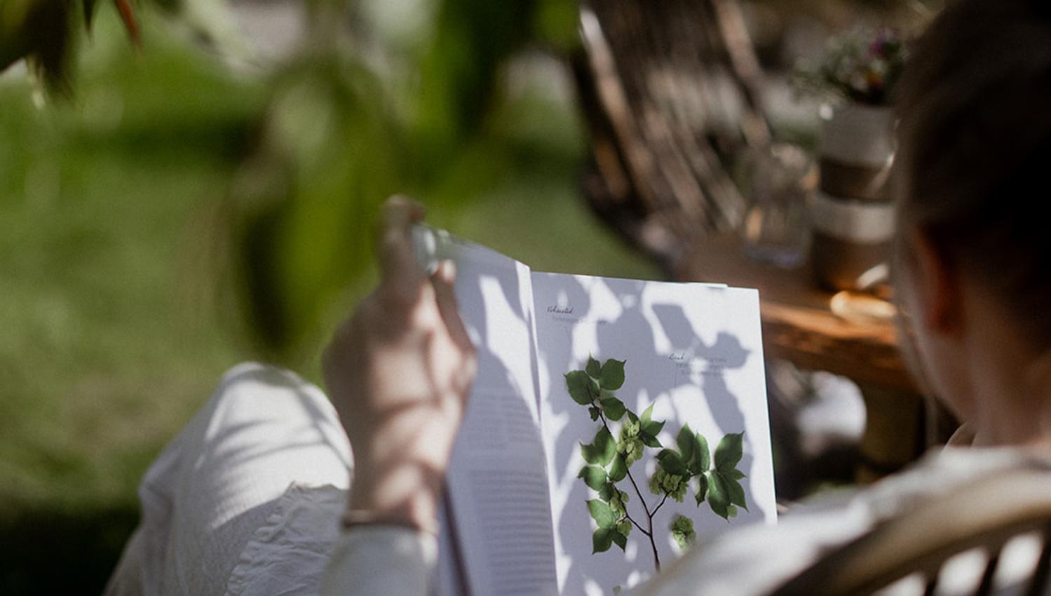 Guest enjoying a peaceful morning with a book in the garden at Hotel Sundal in scenic Hardanger.