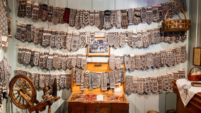Display of vintage Selbu mittens in the Selbu Folk Museum