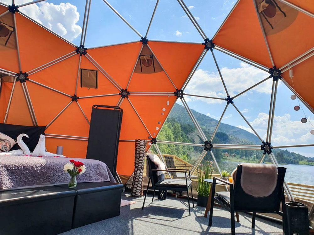 interior and views from arctic dome glamping tent at Norsjø Ferieland 