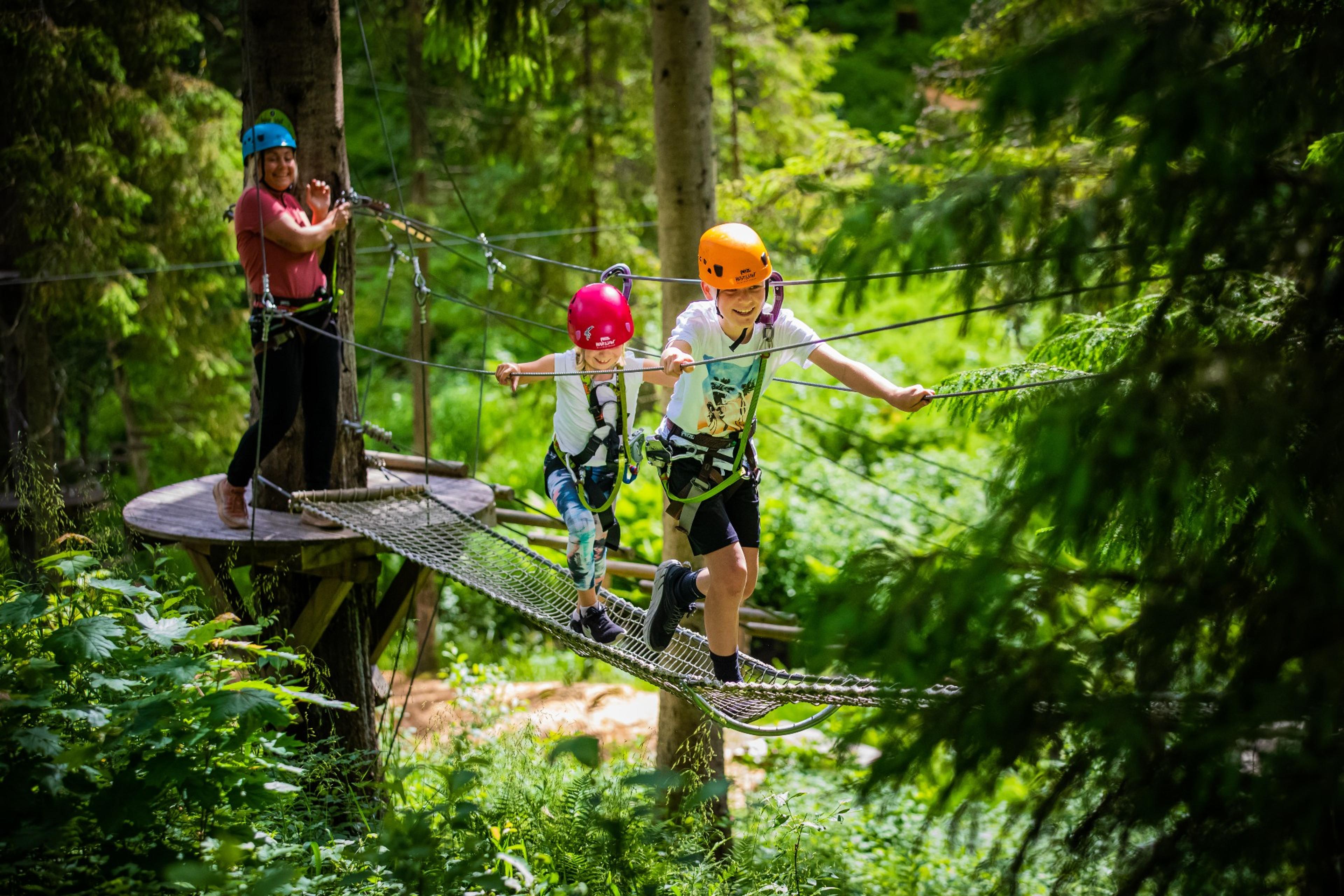 Two boys walking across a suspension bridge in the treetops.