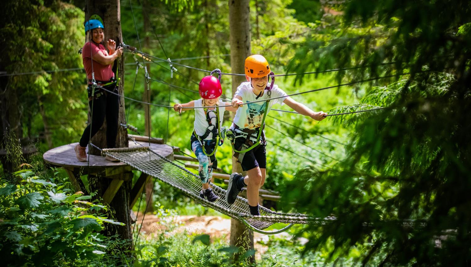 To gutter som går over en hengebro i tretoppene.