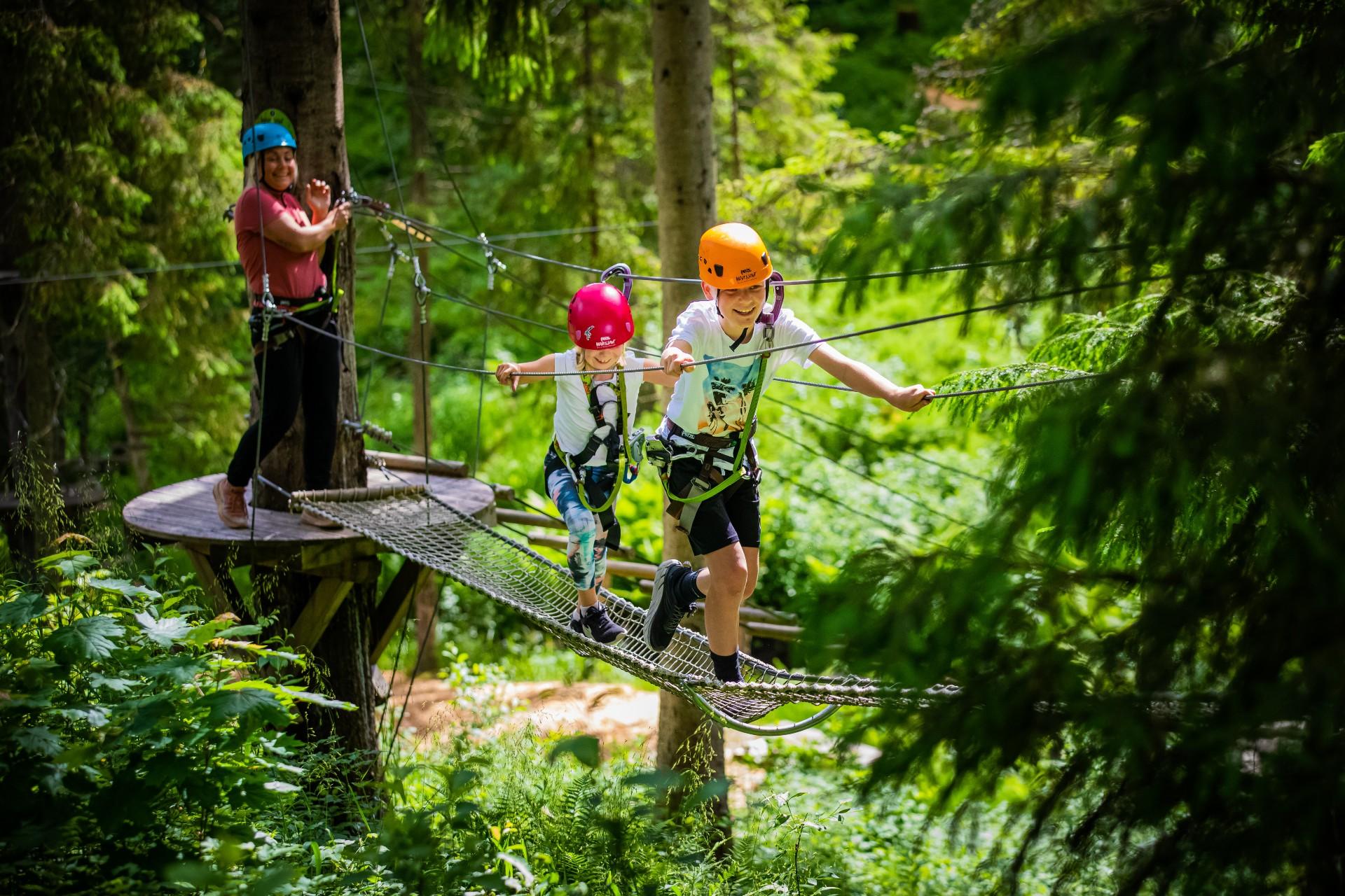 Two boys walking across a suspension bridge in the treetops.