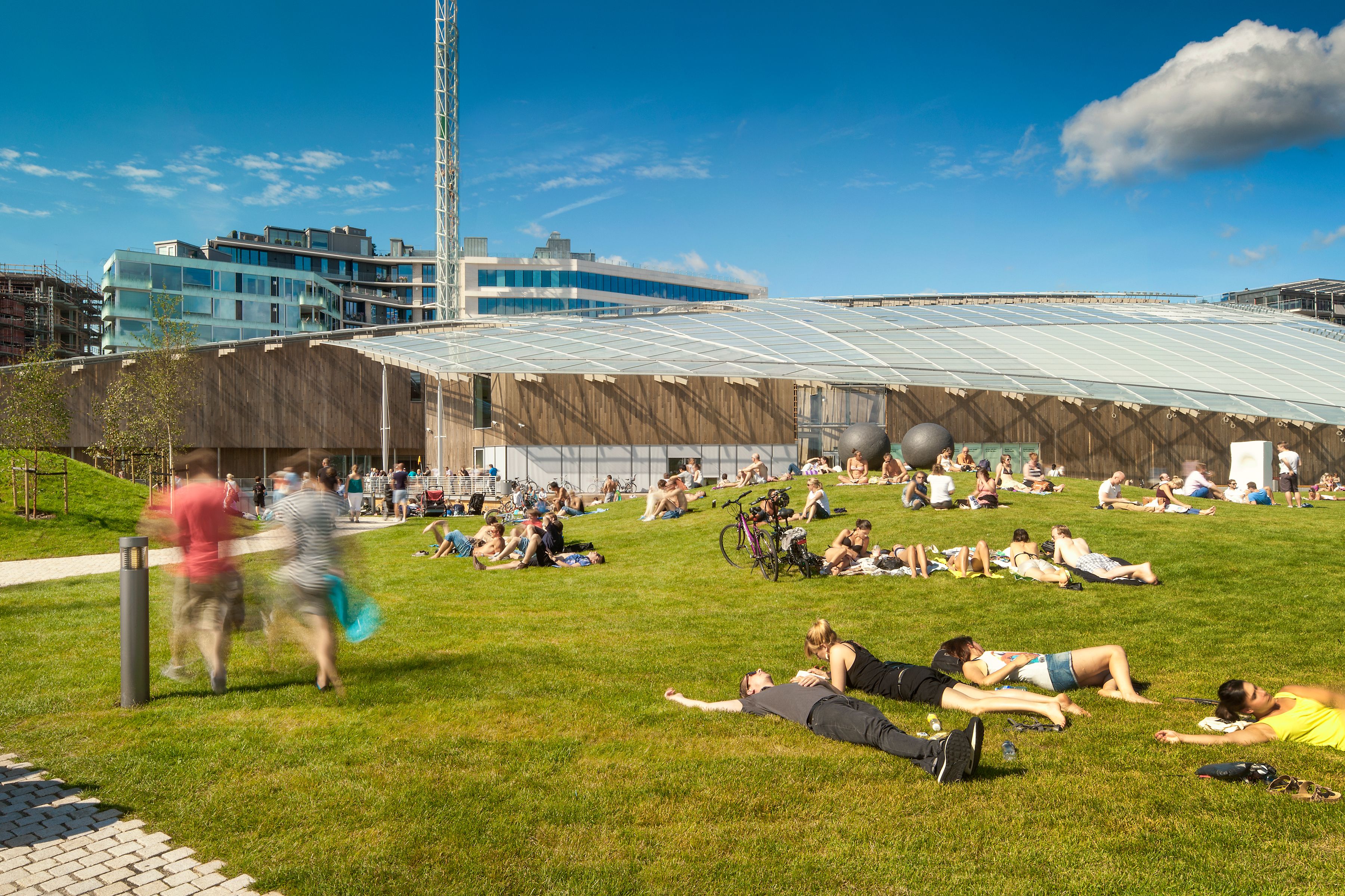 Folk slapper av i gresset foran Astrup Fearnley-museet.