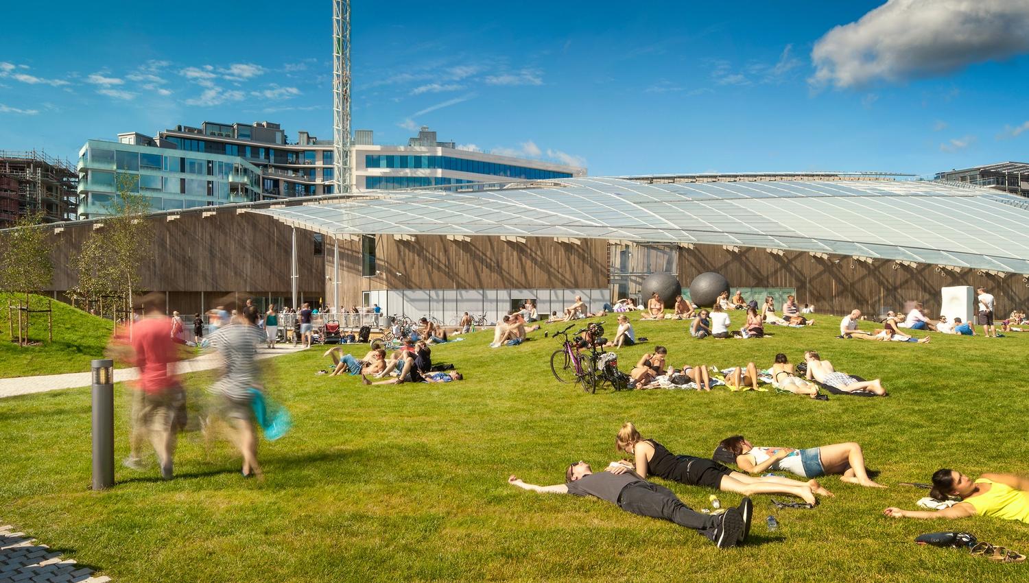 Folk slapper av i gresset foran Astrup Fearnley-museet.