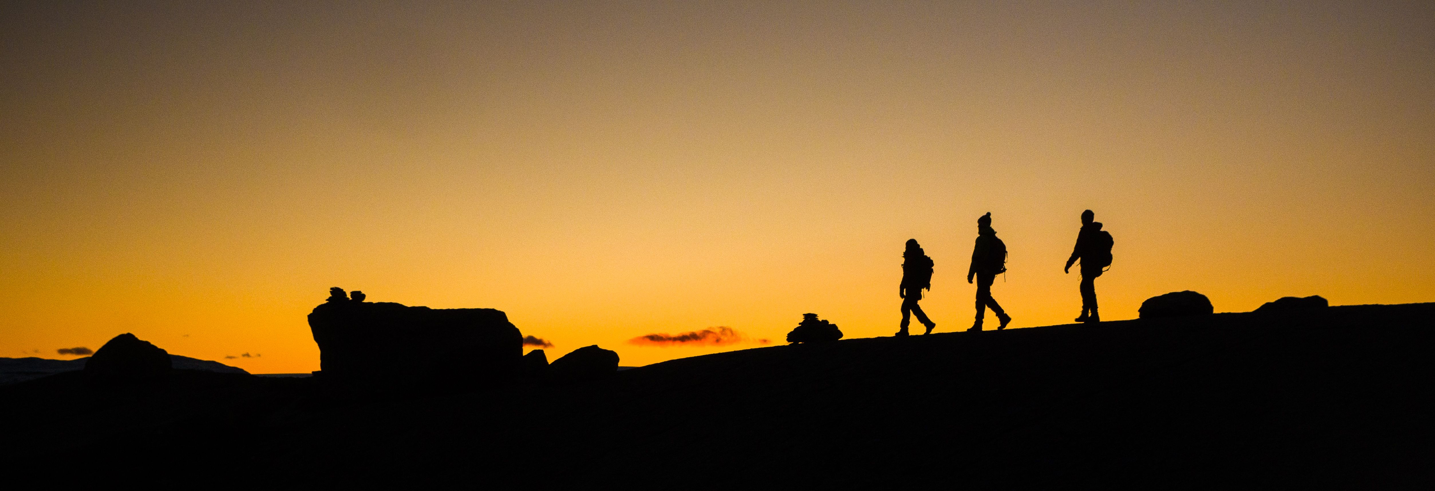 Silhouettes of hikers at sunset on the mountain plateau near Trolltunga in Hardanger.