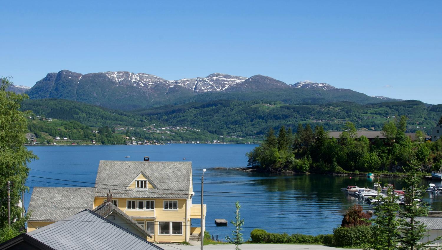 Panoramautsikt over Hardangerfjorden med fjell og bygder sett frå Vågen Rom og Hytteutleige.