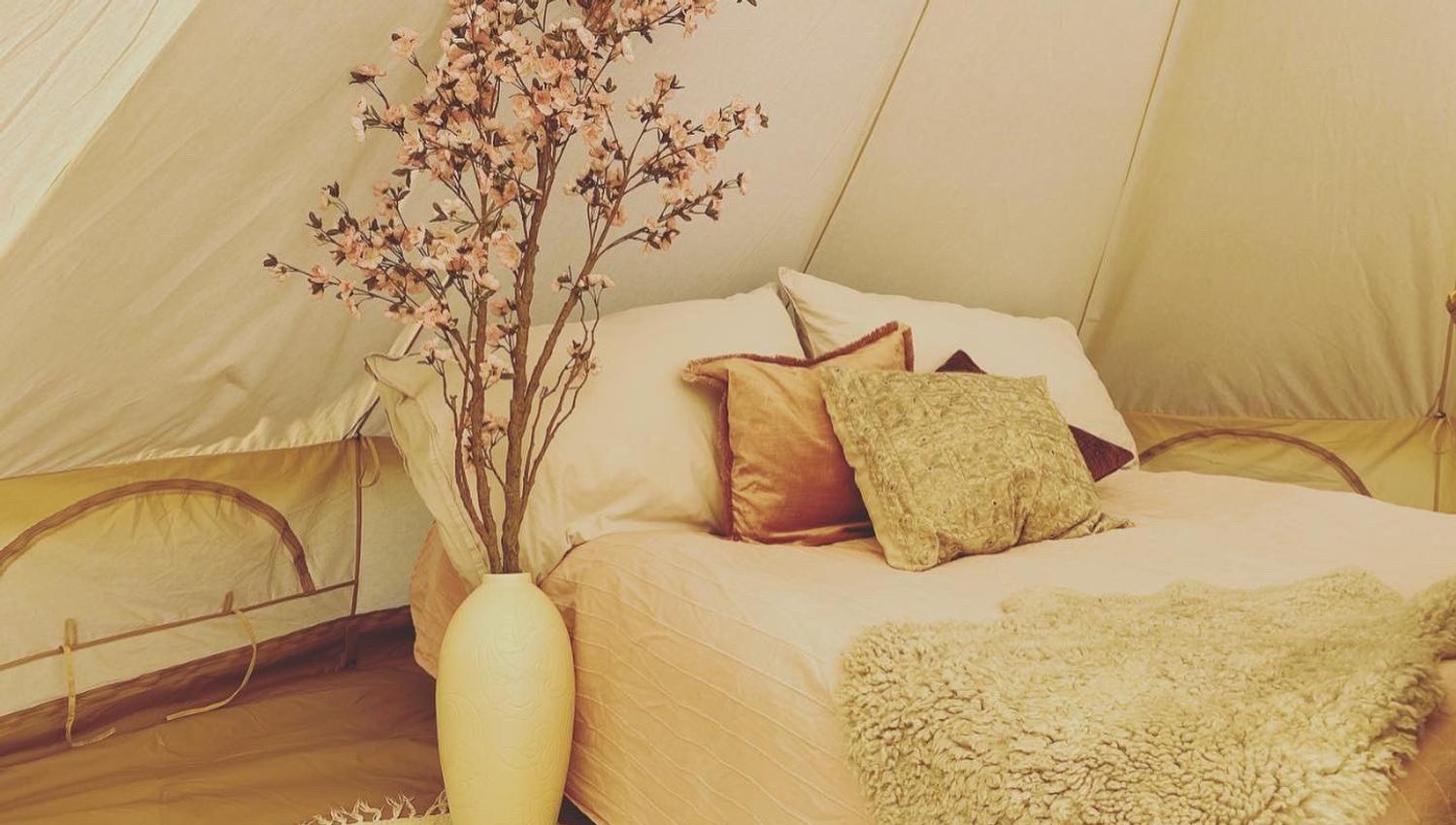 seng i glampingtelt på Bolkesjø Gård