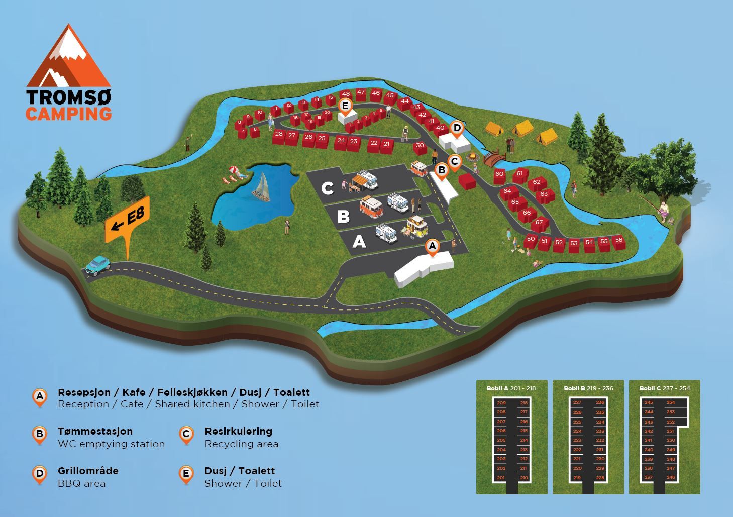 Map of Tromsø Camping showing facilities and cabin areas