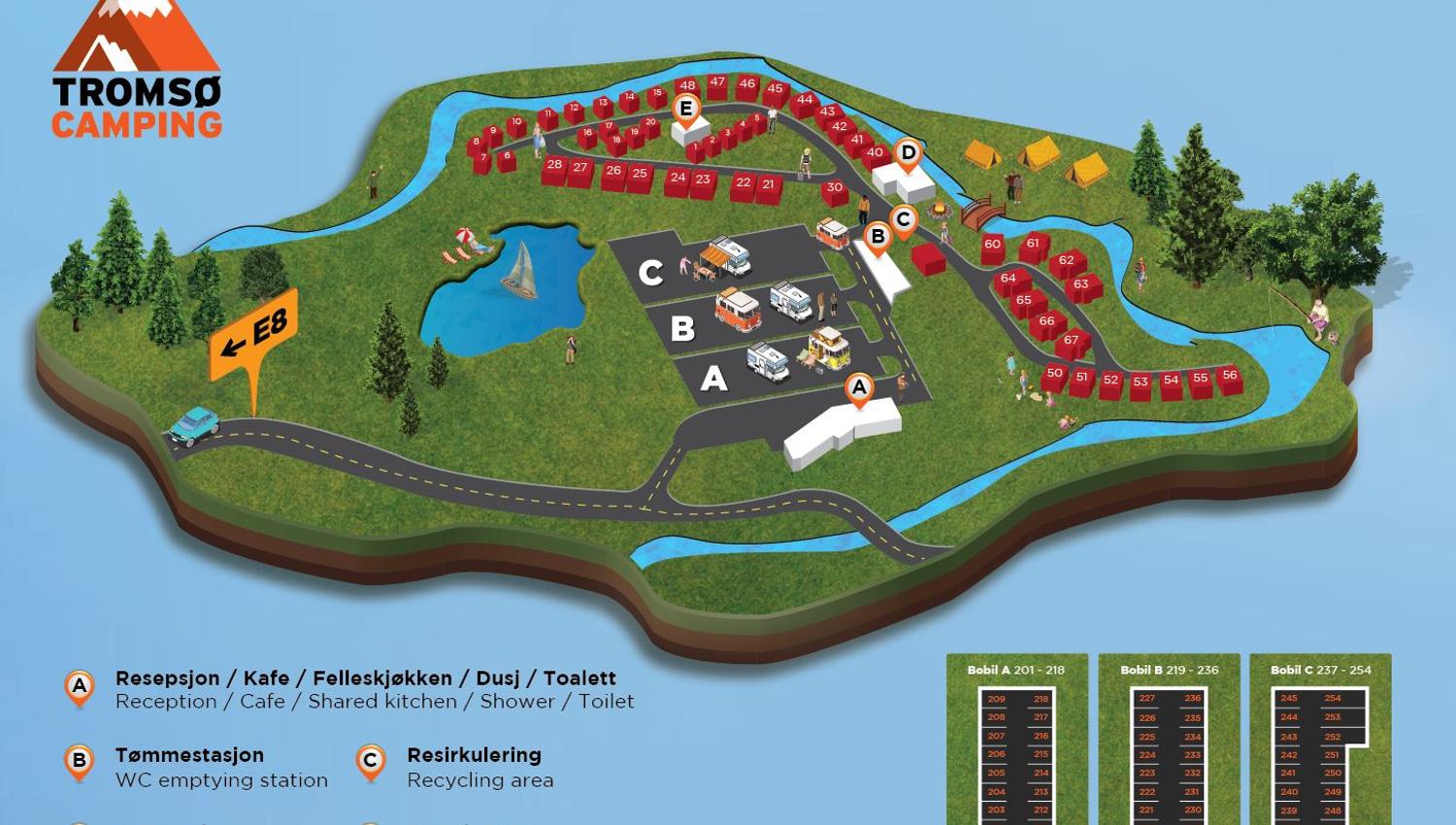 Map of Tromsø Camping showing facilities and cabin areas