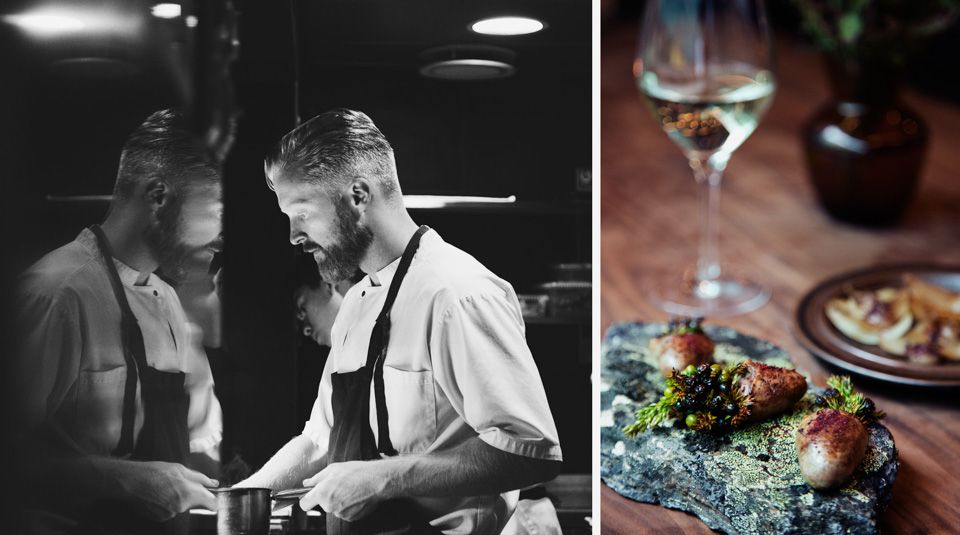 Black and white photo of a male chef, and a coloured detail photo of a couple of dishes and a glass of wine.