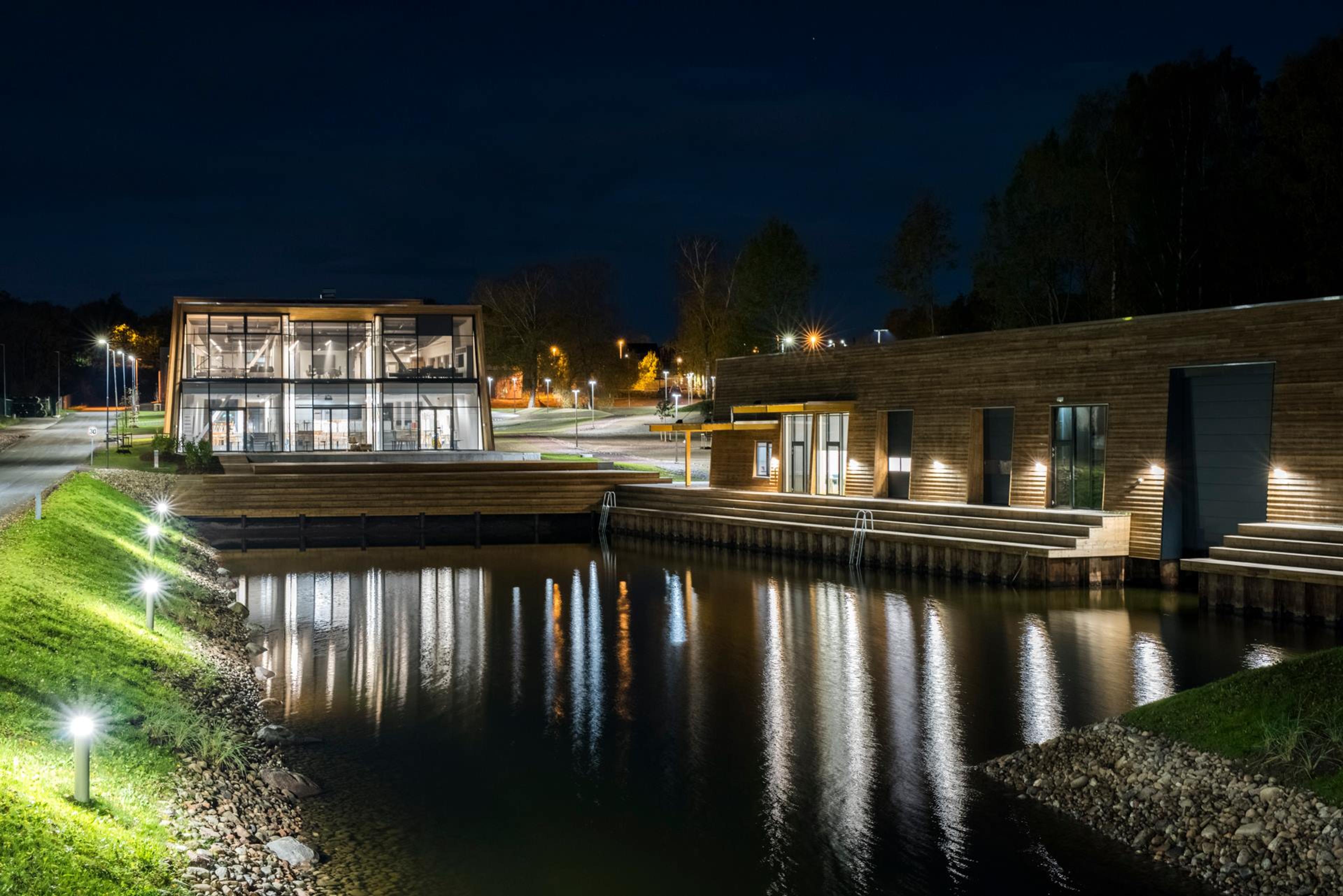 Facade, water, building, evening time